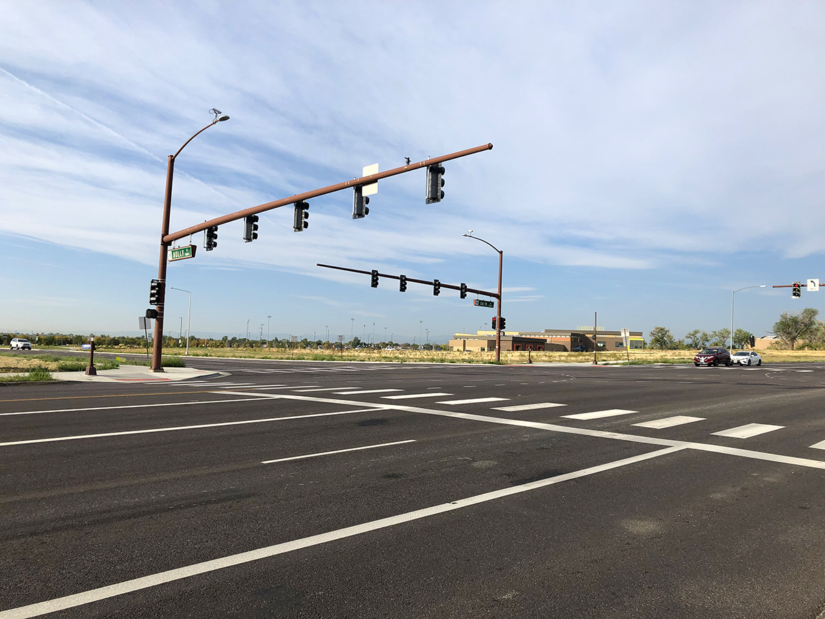 two street intersection with traffic lights